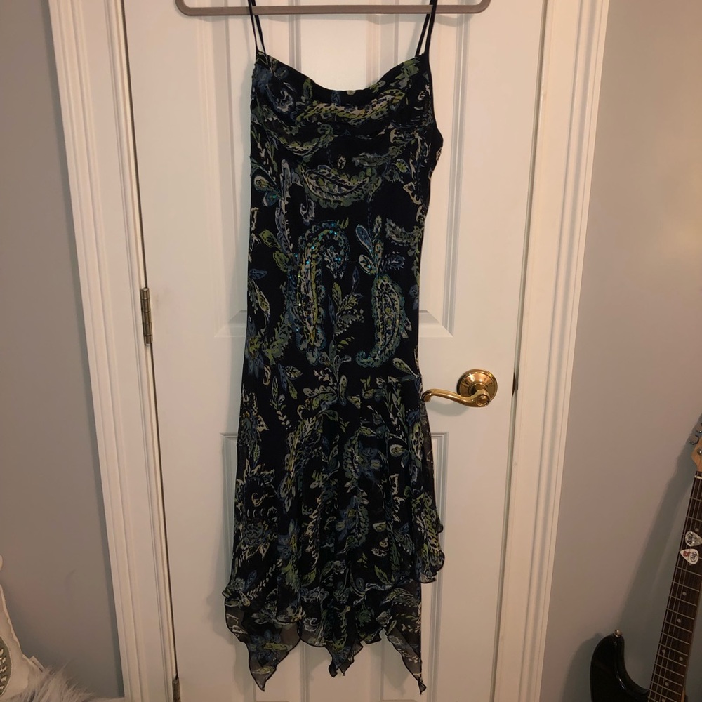 Vintage 90s/Y2K Drapey Paisley Sequin Detail Mesh Cowl Neck Midi Sharkbite Dress